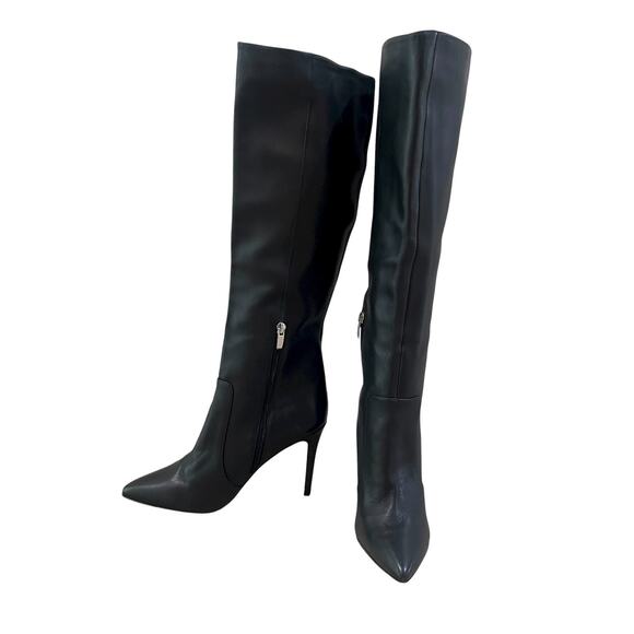 NINE WEST - Black Leather Knee Dressy Boots, 4" heel, SZ 9.5 Side Zip - Picture 1 of 14